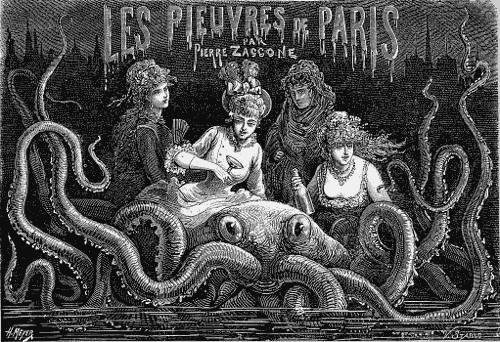 Decadent Parisian women partying on the back of an octopus.