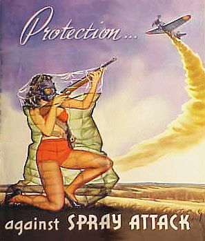 Pin-up girl in gas mask and plastic bag attacking gas-spraying Japanese zero with a rifle - 'Protection Against Spray Attack'